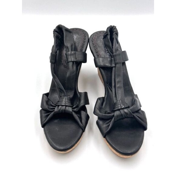 NWOT size 9.5 Johnston & Murphy Womens Black Leather Bow Wedge Sandals w/Cork He - Picture 1 of 5